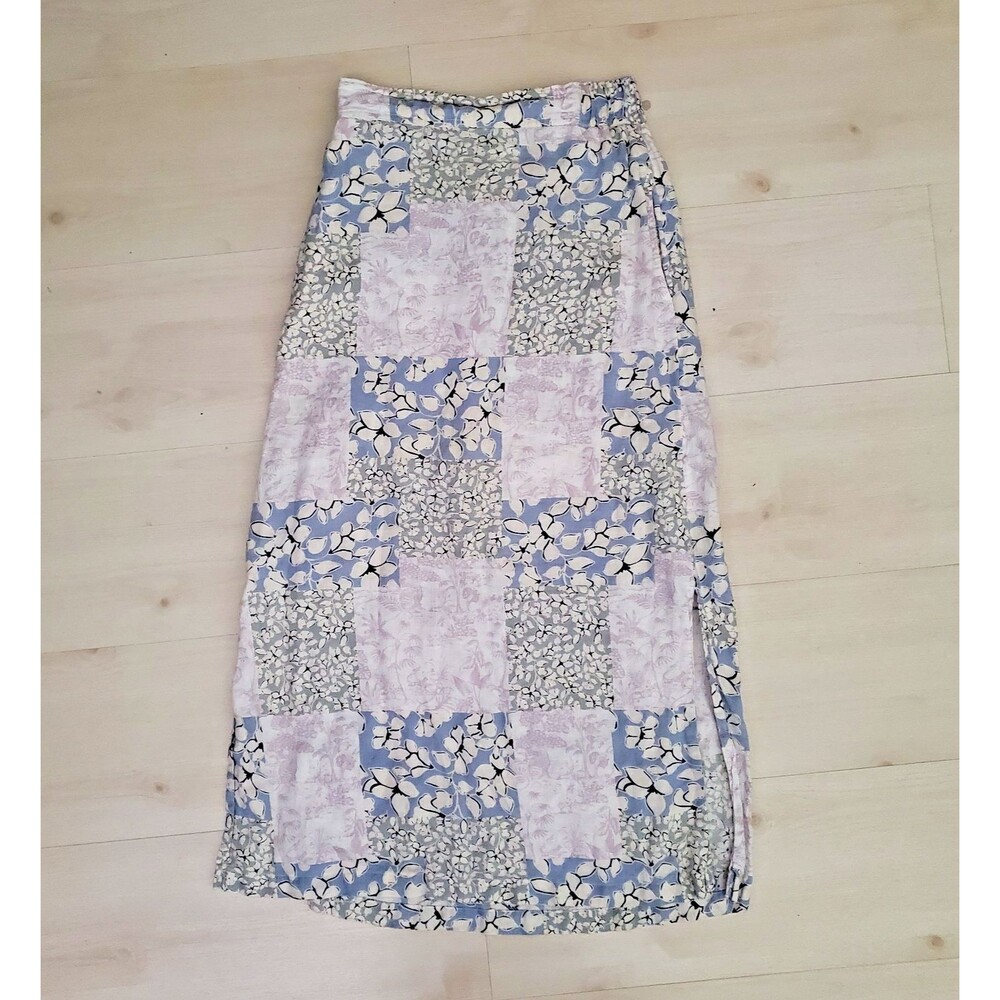 Nicole Miller 100% Linen Floral Patchwork Maxi Skirt XS Boho Cottagecore Summer